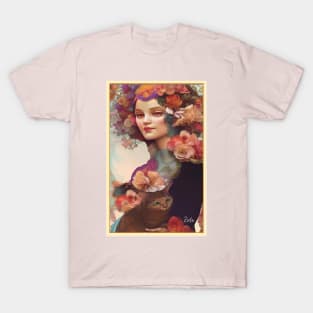 Floral art of painting of girl with cat flowers and roses T-Shirt